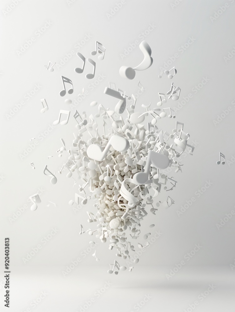 Poster floating 3d music notes and symbols in a minimalist white space, creating a modern, clean aesthetic 