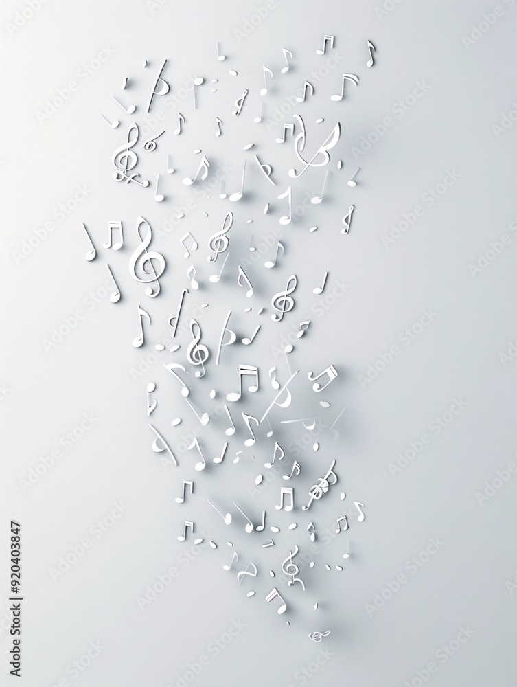 Poster floating 3d music notes and symbols in a minimalist white space, creating a modern, clean aesthetic 