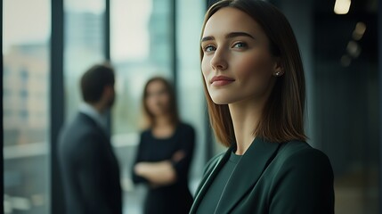 Fototapeta premium Businesswoman standing by a window, deep in thought, while her team collaborates in the background