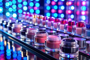 Vibrant makeup shades in tiny pots line a gleaming glass counter, bathed in an eye-catching glow of neon pink and blue lights, creating a mesmerizing display.