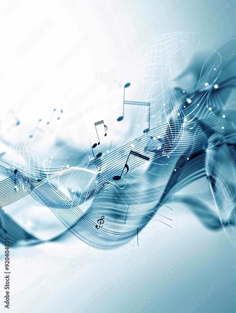 Poster a futuristic 3d grid of musical notes and waves on a sleek, gradient background with significant cop