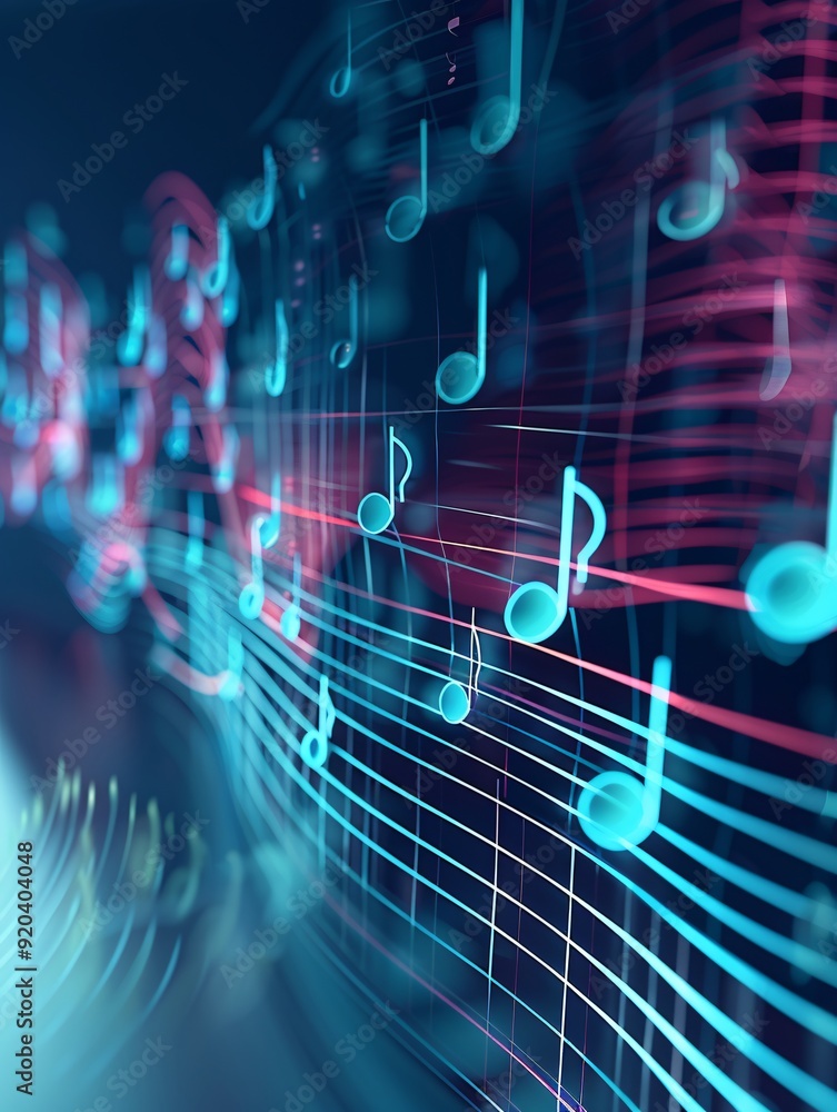 Poster a futuristic 3d grid of musical notes and waves on a sleek, gradient background with significant cop