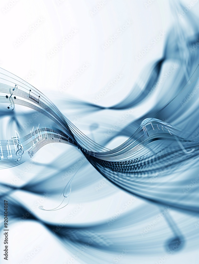 Poster a futuristic 3d grid of musical notes and waves on a sleek, gradient background with significant cop
