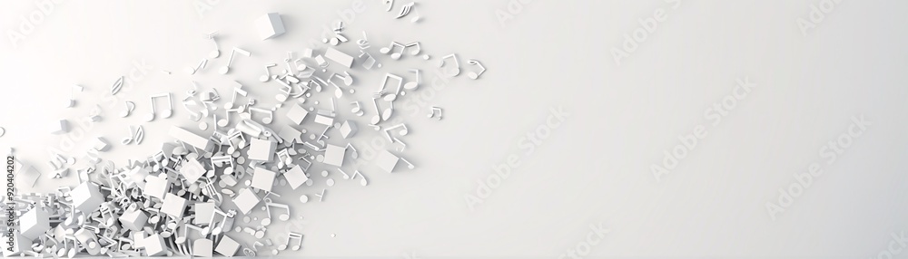 Poster a minimalist 3d composition of musical symbols gently cascading down a neutral background, with ampl