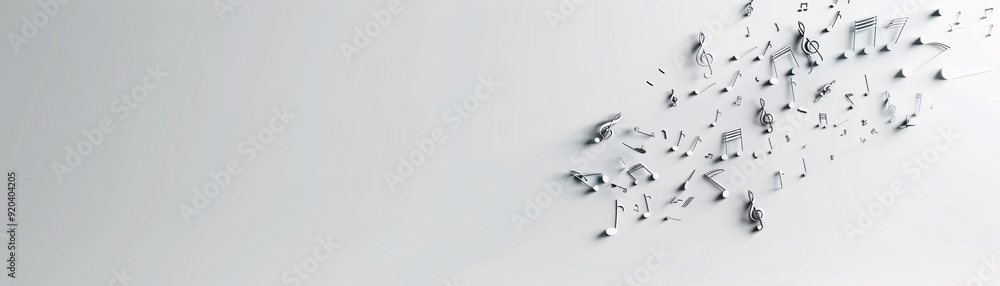 Poster a minimalist 3d composition of musical symbols gently cascading down a neutral background, with ampl
