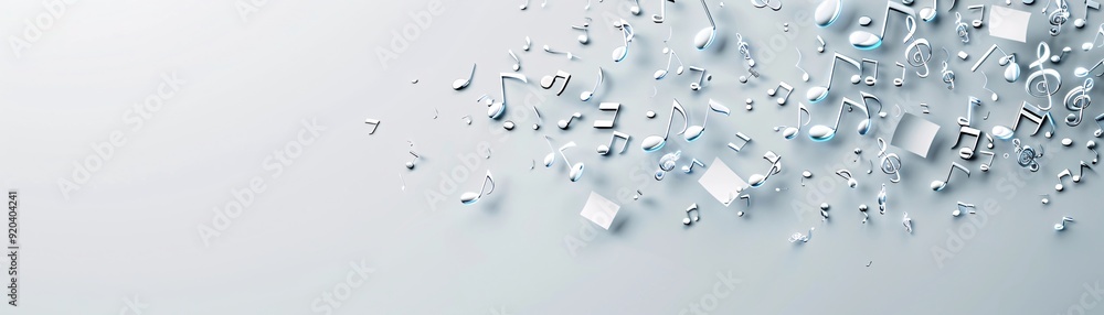 Poster a minimalist 3d composition of musical symbols gently cascading down a neutral background, with ampl
