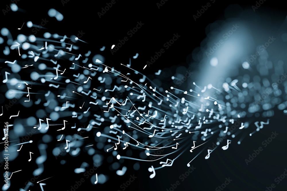 Poster an elegant 3d swirl of music notes on a black background, illuminated by subtle light effects, with 