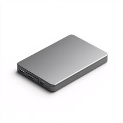 Fototapeta premium 240805 81. External hard drive, gray color, white background, 3D Rendering, isometric, sleek rectangular shape with rounded edges, brushed metal finish