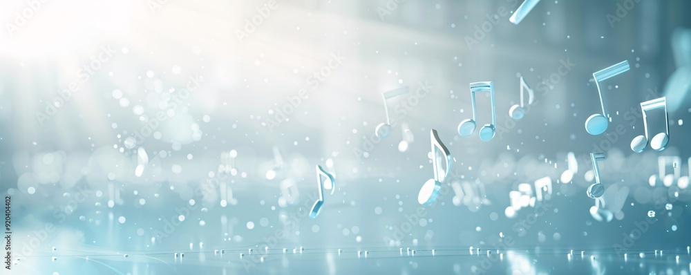 Poster floating 3d music notes and symbols in a tranquil, blue-toned environment, creating a serene scene w