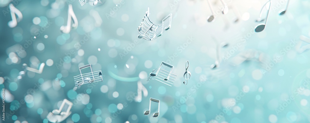 Poster floating 3d music notes and symbols in a tranquil, blue-toned environment, creating a serene scene w