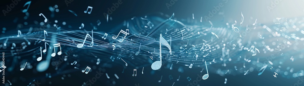 Aufkleber an abstract 3d composition of musical notes and waves on a dark gradient background, leaving ample c