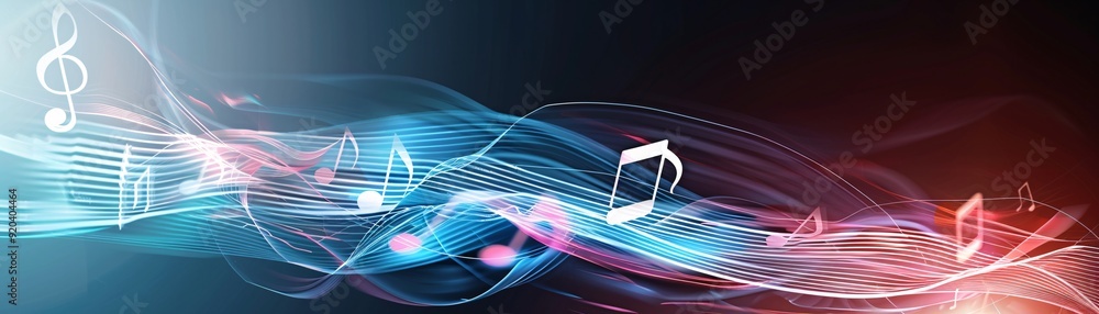 Poster an abstract 3d composition of musical notes and waves on a dark gradient background, leaving ample c