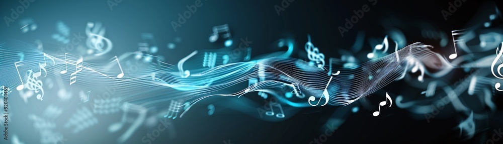 Aufkleber an abstract 3d composition of musical notes and waves on a dark gradient background, leaving ample c