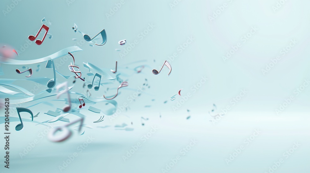 Poster a 3d rendered background featuring floating musical notes and symbols on a gradient backdrop, with a