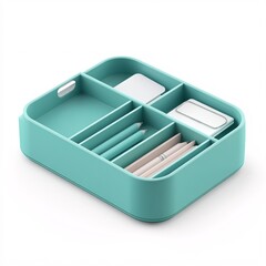 240805 91. Desk organizer, teal color, white background, 3D Rendering, isometric, modular design with multiple compartments, smooth rounded edges