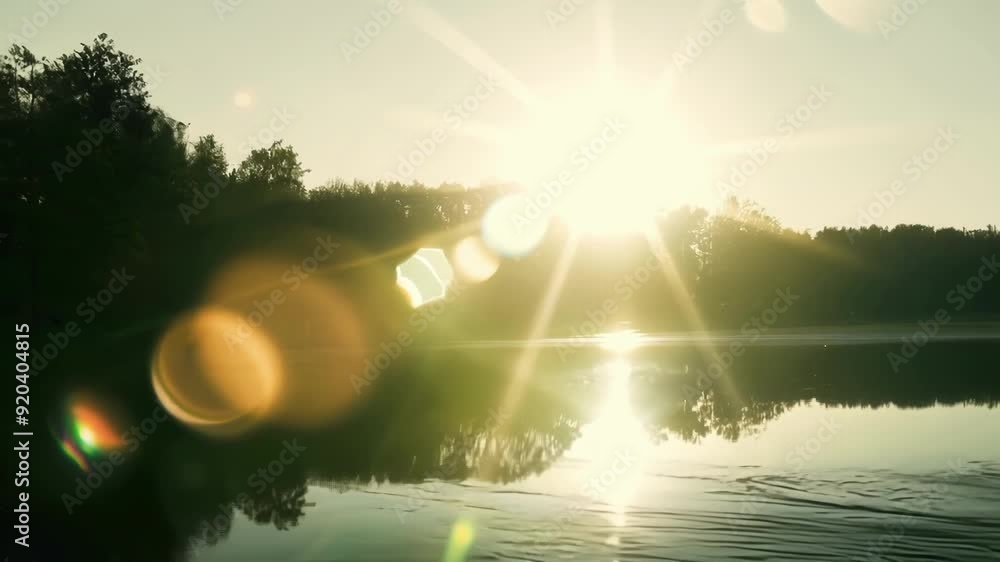 Poster soft waves lap against the shore as the suns rays filter through the trees causing lens flares to sh