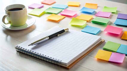 Colorful sticky notes cover a white desk, organized into categorized sections, with pens and a notepad nearby, symbolizing productive planning and task management.