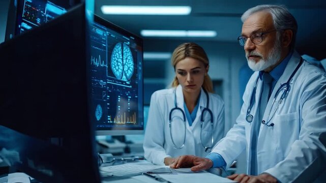 A collaborative session with doctors, nurses, and AI specialists, utilizing advanced technology to enhance patient treatment plans and outcomes.