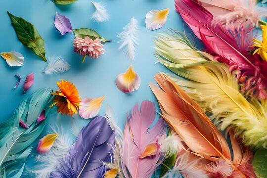 A flower arrangement laid out on a spread of colored feathers, with each petal and feather carefully placed. List of Art Media colored feathers background realistic