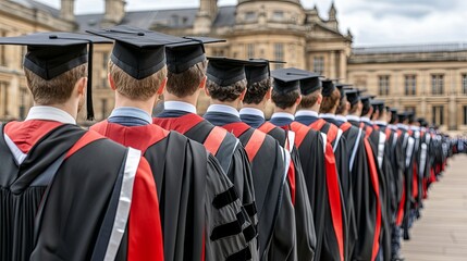 semi close-up of graduates lining up for a traditional procession, holding banners and wearing ceremonial robes, with a grand university hall in the background, copy space for text,