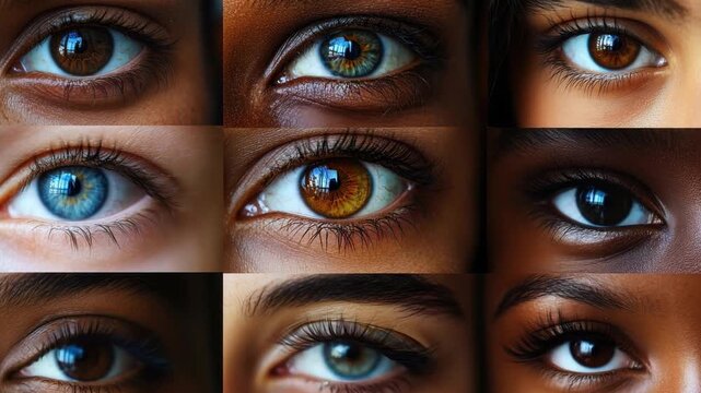 A collage of beautiful eyes from people of different ages and multiethnic backgrounds, showcasing diversity, equality, and various nationalities in a close-up view