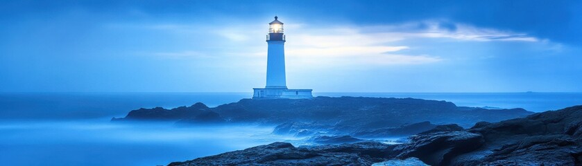 A serene lighthouse standing tall against the ocean backdrop, illuminating the misty sea at twilight, creating a peaceful atmosphere.