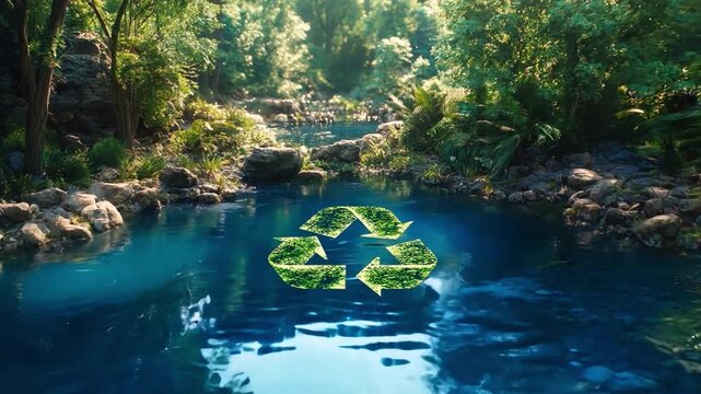 A 3D-illustrated pond with a recycling symbol at its core, nestled in a pristine jungle setting, showcases the ecological imperative of recycling and reusing resources