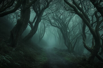 Spooky forest in the mist