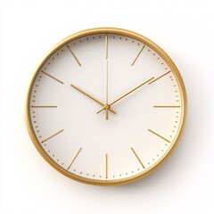 240805 100. Wall clock in metallic gold hue, white background, 3D Rendering, isometric, slim profile, backlit face, silent sweep second hand