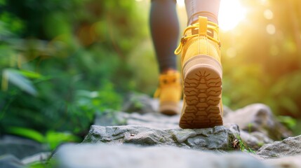 Obraz premium A close up shot of hiking boots navigating a rocky trail, emphasizing the challenges and rewards of outdoor exploration.