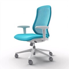 Fototapeta premium 240805 106. Office chair, vibrant cyan color, white background, 3D Rendering, isometric, ergonomic design, adjustable armrests, mesh backrest