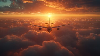 a plane flying above the clouds at sunset.