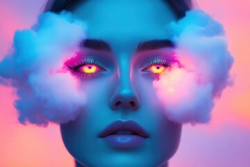 Ethereal woman with glowing pastel clouds around her face, vibrant eyes reflecting a dreamlike sunset, fantasy portrait, close-up