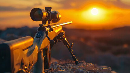 A sniper rifles from a rifle with an optical sight at sunset, highlighting sports shooting and hunting concepts.