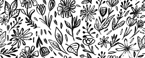 Vector seamless pattern with  modern flowers and leaves,  charcoal  drawing.  Monochrome artistic botanical cliparts. Flower silhouettes painted with hand drawn