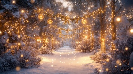 Enchanting Winter Wonderland: Magical Forest Scene with Holiday Decor and Fairy Lights