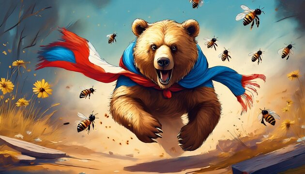 A crazy bear in the white, blue, and red scarf is running away from angry bees whose beehive he has destroyed. It can be used as a metaphor