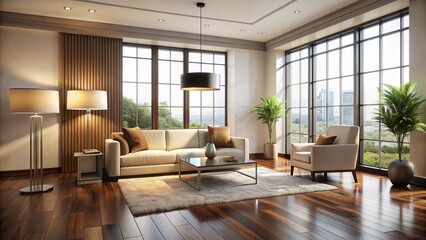 Fototapeta premium Modern minimalist interior design featuring sleek dark hardwood floor complemented by cream-colored walls, surrounded by large windows and elegant floor lamps.