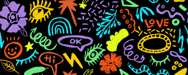 Fototapeta premium Colorful girly geometric seamless pattern with various brush strokes and shapes, with rainbow, flowers, arrows and eyes in childish style. Hand drawn punk trendy background. 