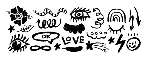 Collection of hand drawn charcoal doodle shapes and squiggles in childish girly style. Eyes, stars, flower, arrows and bubble doodle collage elements. Pencil drawn vector elements. 
