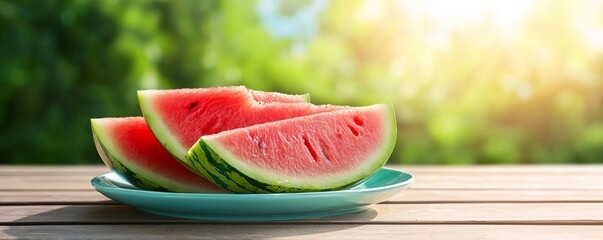 Juicy watermelon slices, stacked tall on a plate, vibrant colors, refreshing summer vibe, outdoor picnic table