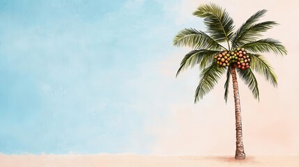 Obraz premium Tall and slender palm tree, bearing clusters of juicy exotic fruits, sunlit beach, Watercolor style