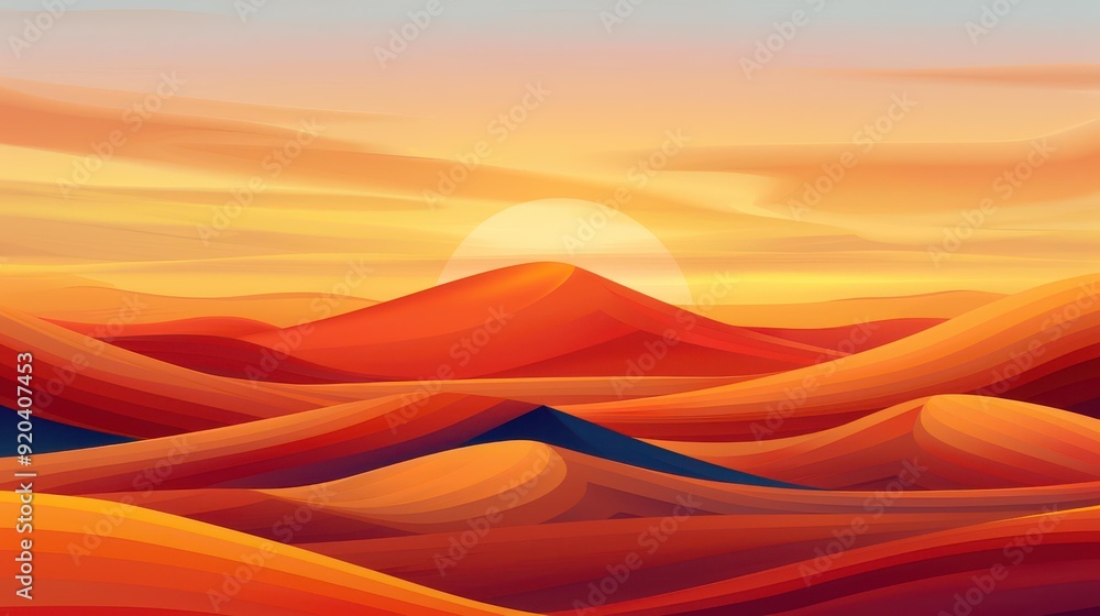 Wall mural Breathtaking desert sunset, showcasing warm hues and a tranquil landscape in a modern, cartoonstyle illustration.