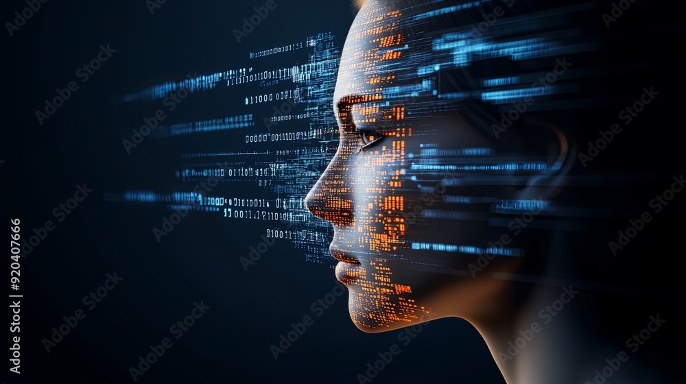 Aufkleber semi close-up futuristic interface with a human face, digital code streams, and data visualization e