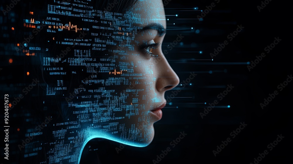 Aufkleber semi close-up futuristic interface with a human face, digital code streams, and data visualization e