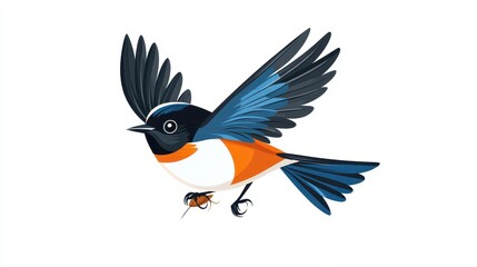 Obraz premium A male redstart swoops gracefully, skillfully snatching an insect meal in a vibrant cartoon landscape.