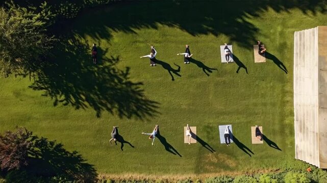 Aerial View of Outdoor Yoga Class: A serene scene captured from above, showcasing a group of individuals practicing yoga poses on a lush green lawn, bathed in the golden light of the sun. Their shadow