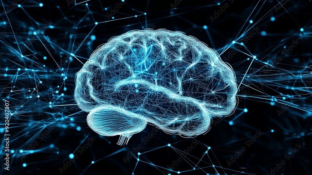 Poster semi close-up high contrast image of human brain scan overlayed with digital network patterns, conce