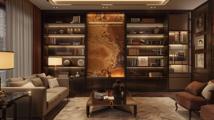 A sophisticated living room featuring a warm-toned marble wall and an elegant, dark mahogany bookcase that scales the ceiling, illuminated by recessed LED lighting.