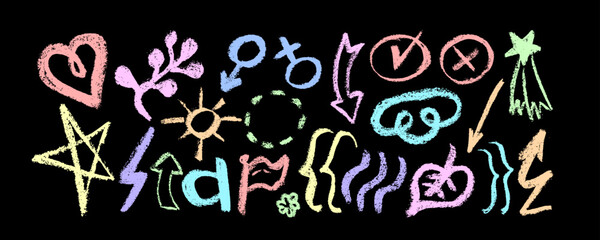 Colorful naive abstract geometric shapes, lines,  collage elements.  Hand drawn grunge style brush strokes, bold curved lines, heart, arrow, cloud, star and others . Vector elements for banners, 